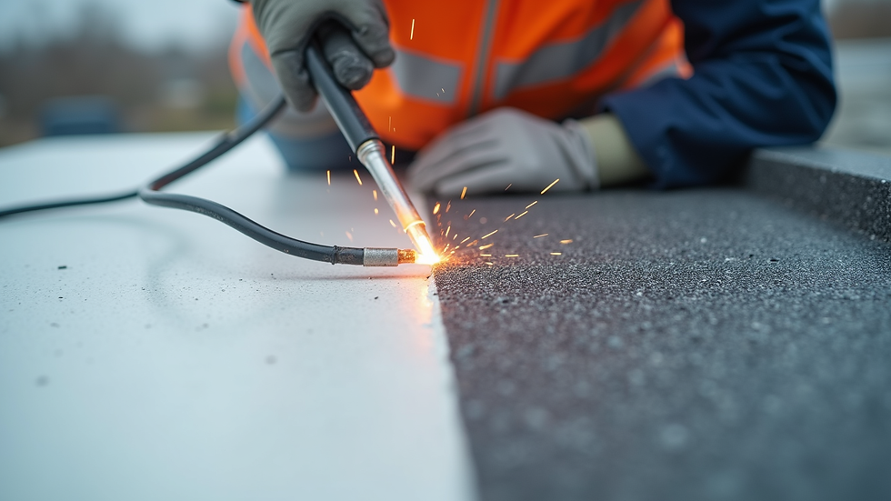 Close-up view of TPO membrane seam being heat-welded during flat roof installation