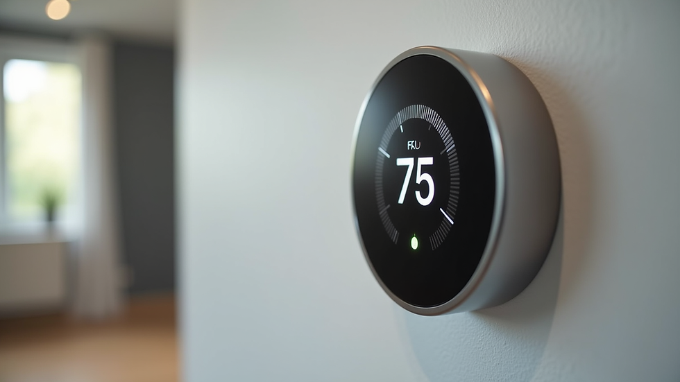 Close-up view of a smart thermostat mounted on a wall in a modern home