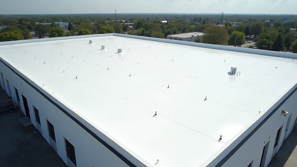 High angle view of a newly installed white TPO flat roof on a commercial building