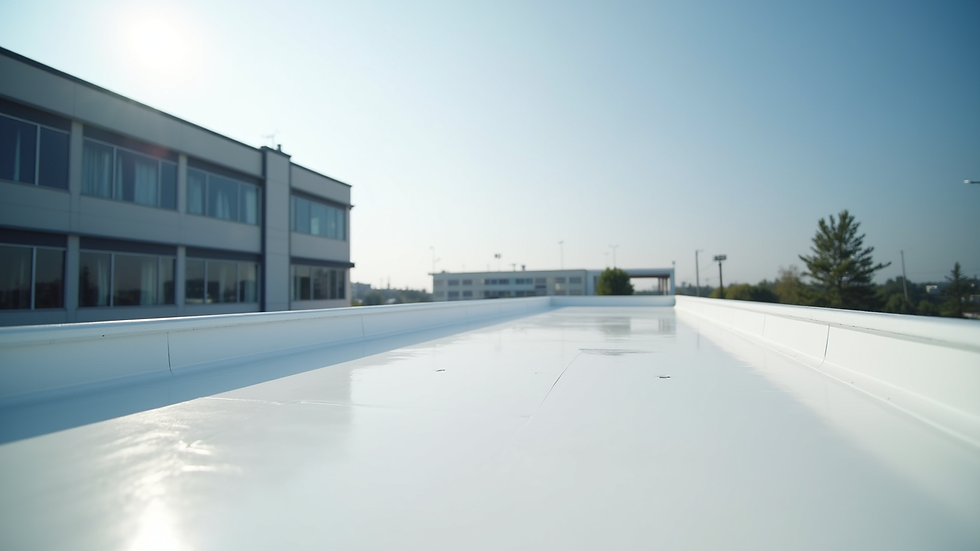 Eye-level view of a commercial building roof with TPO membrane installation
