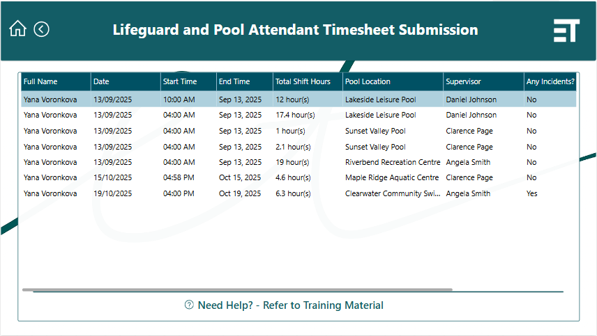 Saved Shift Page for Shift Check - In App