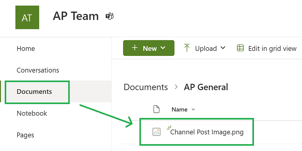 SharePoint document library showing a “General” channel folder with uploaded files