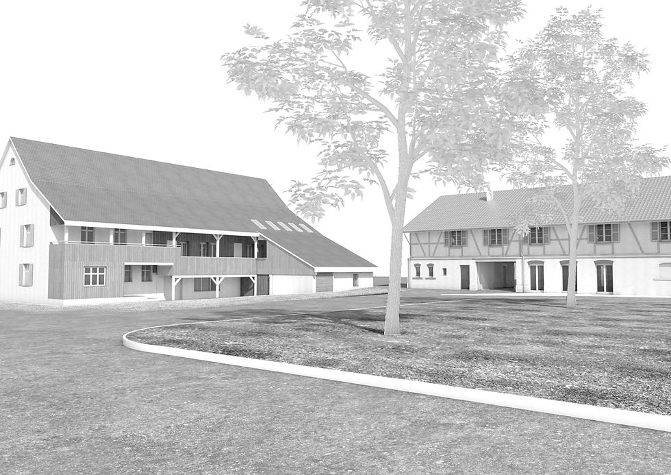 Die Visualisierung zeigt ein architektonisches Umbaukonzept eines Bestandsgebäudes mit detaillierten 3D-Grundrissen