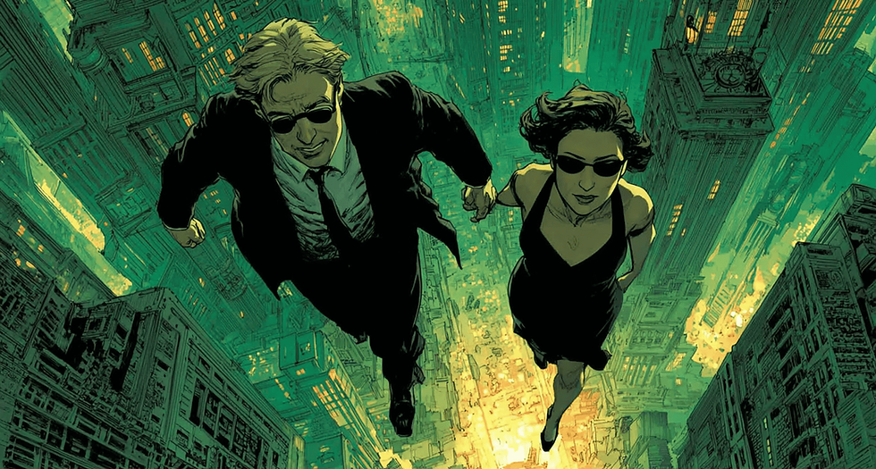 Мужчина и женщина в темных очках и черной классической одежде летят над зеленым киберпанковским городом, держась за руки.