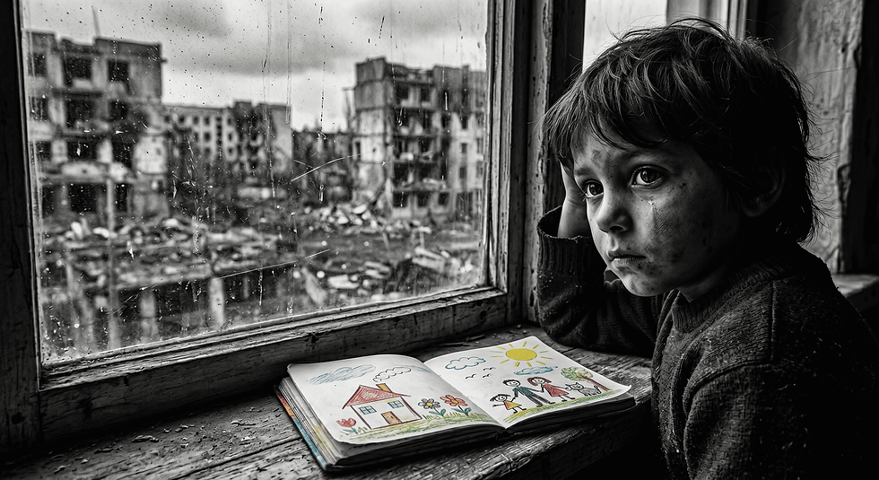 Драматичное черно-белое фото: маленький мальчик с печальным взглядом смотрит в окно на разрушенные многоэтажные дома. На подоконнике перед ним лежит раскрытый блокнот с цветным детским рисунком, на котором изображен яркий дом, солнце и счастливая семья под деревом.