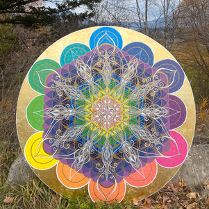 sacred geometry acrylic and gold painting, intentional art