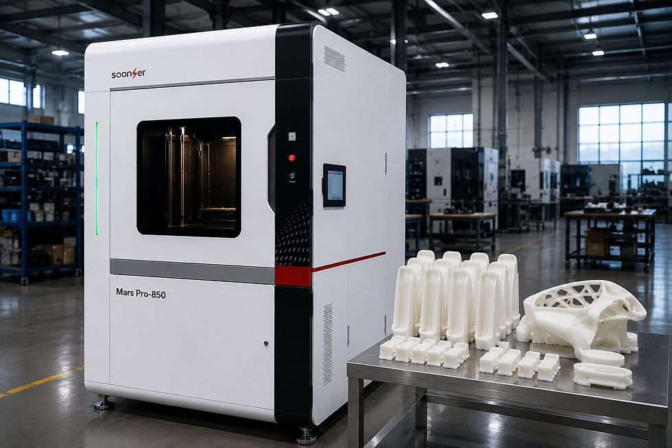 SLA 3D printer with functional prototype parts in a modern industrial manufacturing facility.