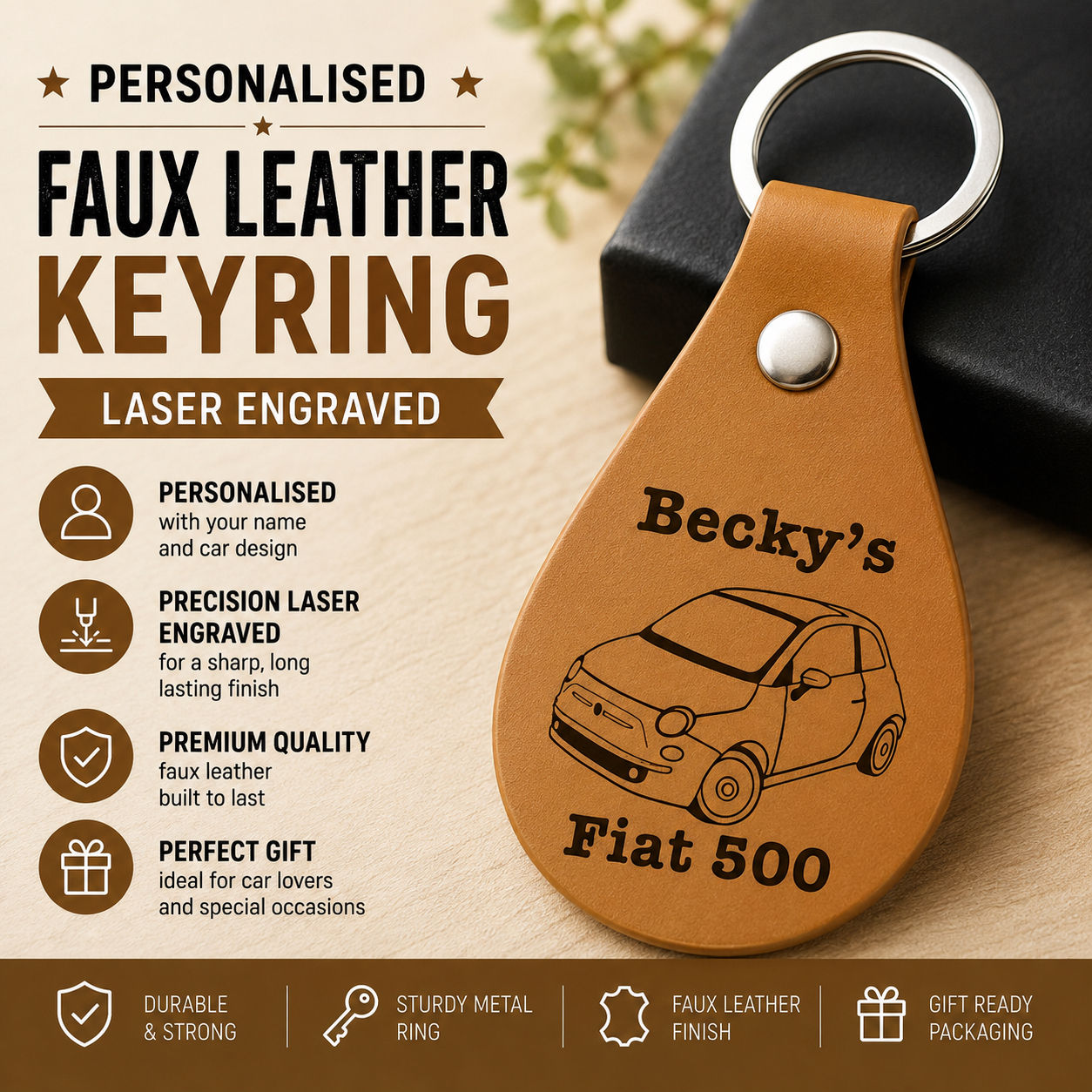 Personalised Fiat 500 Leather Keyring – Custom Name | Laser Loonies