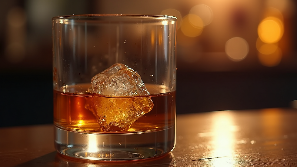 Close-up view of a glass of premium whiskey with ice