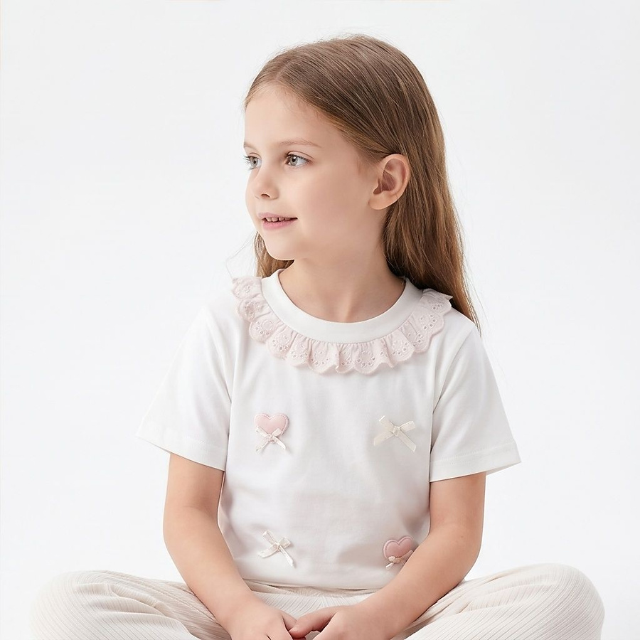 💗 Lace Collar Heart‑Bow Tee – Sweet, Classic & Made for Little Moments