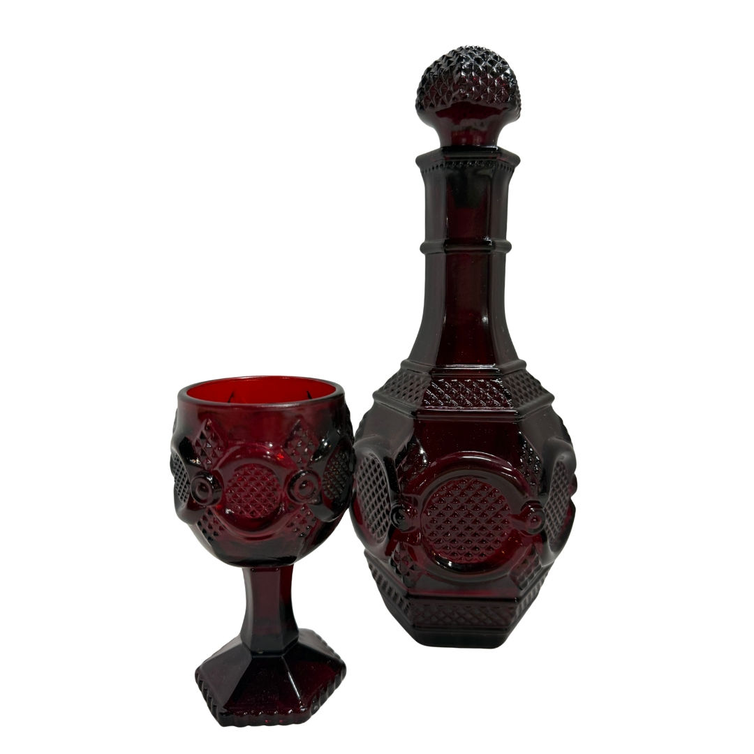 Avon 1876 Cape Cod Ruby Red Decanter and 8 Mini Goblet Set