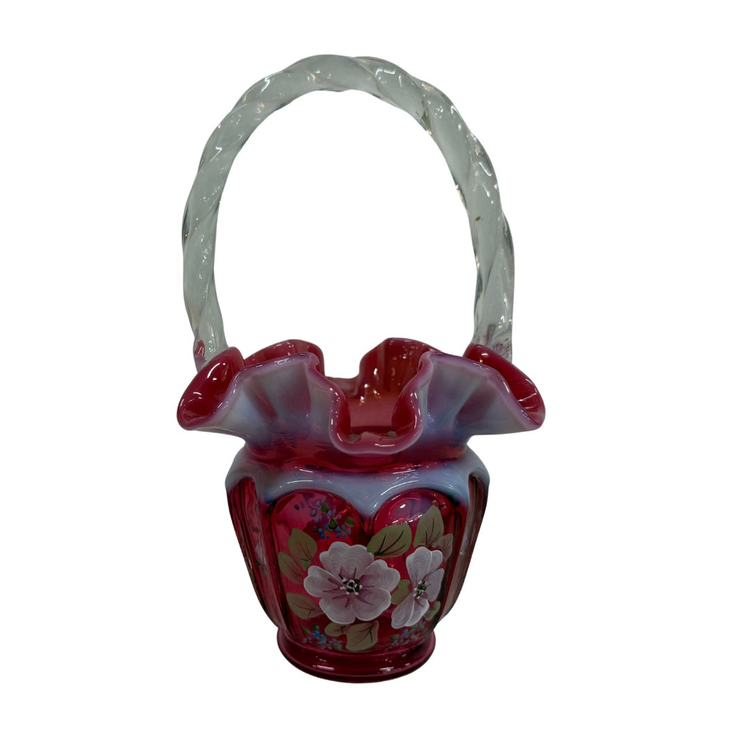 Fenton Cranberry Open Heart Arch Handpainted Basket