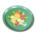 Round steel serving tray, toleware, with painted fruit design