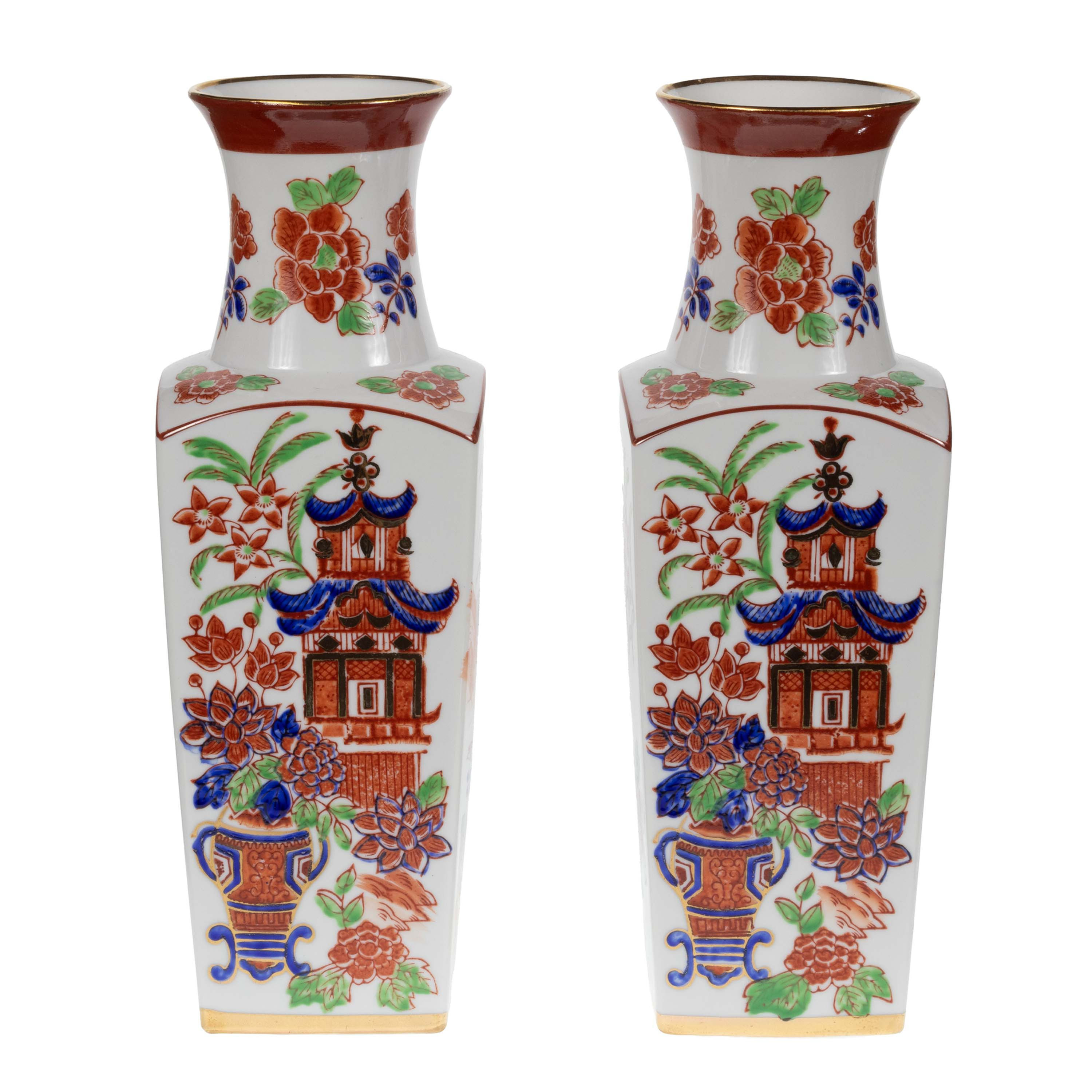 Vintage Japanese Imari Style Gold Rim Square Porcelain Vase With Landscape Scenes