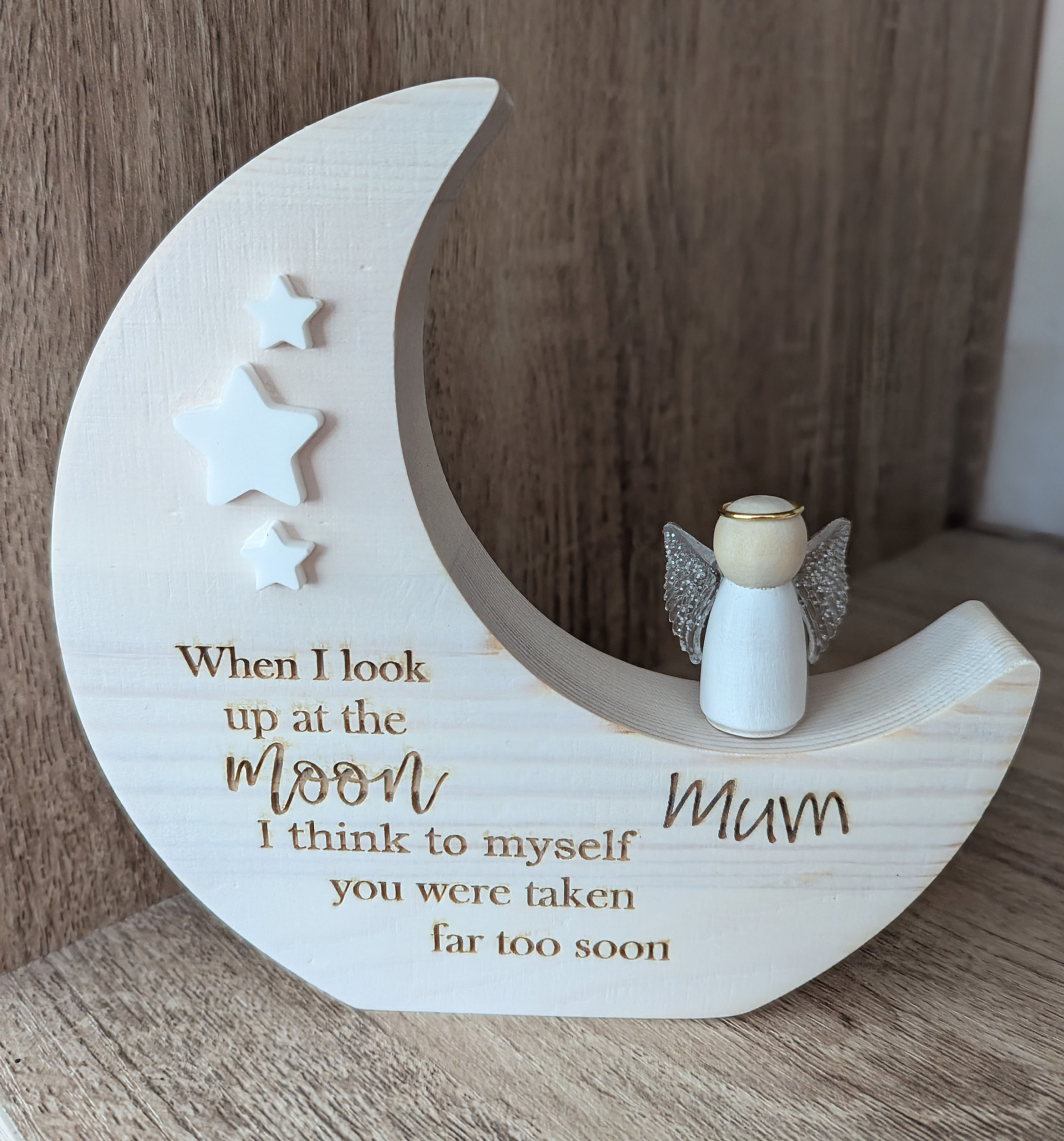 Freestanding Beech Wood Crescent Moon with Angel