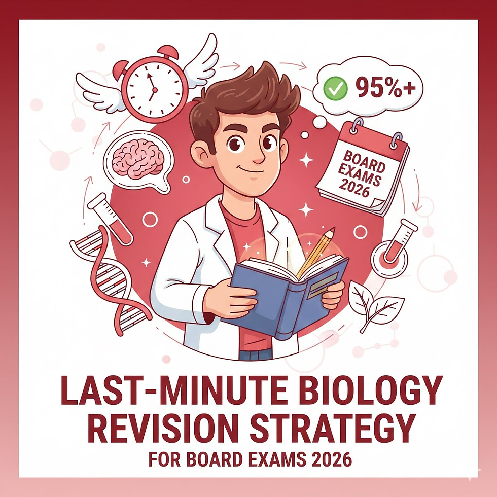 Young person in a lab coat holding a book, surrounded by biology symbols. Text: "Board Exams 2026" and "95%+." Red background, study theme.