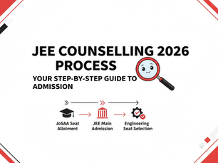 JEE Counselling 2026 guide with steps: JoSAA Seat Allotment, JEE Main Admission, Engineering Seat Selection. Red and black accents.