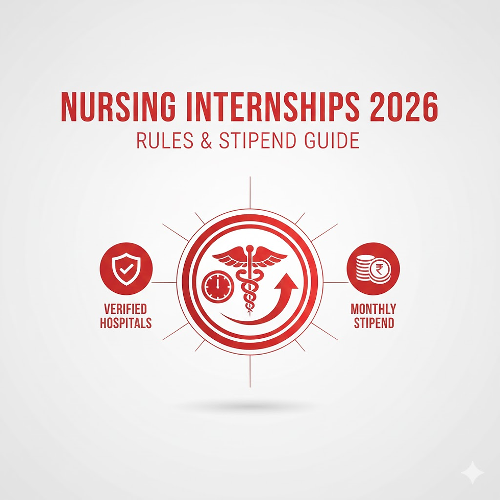 Nursing Internships 2026 graphic with medical symbol, verified hospitals, and monthly stipend icons on a gray background.