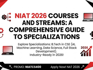 Red and black geometric design with text: NIAT 2026 courses, specializing in AI and tech fields. Includes icons and promo code: NIATCS400.