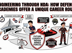 Two cartoon figures represent academic and military paths. Text highlights NDA and career routes in engineering and defense. Red accents.