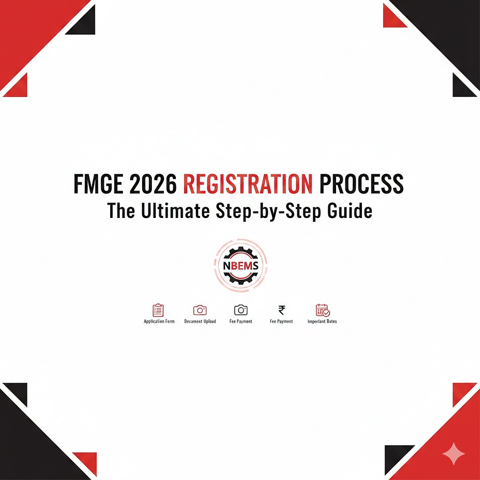 FMGE 2026 registration guide with red and black geometric patterns. Icons for application form, document upload, fee payment, and dates.