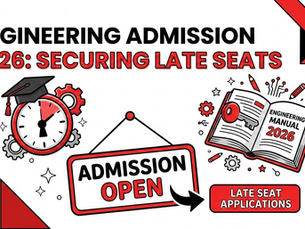 Engineering Admission 2026 graphic with gears, clock, and book. Text: "ADMISSION OPEN" and "LATE SEAT APPLICATIONS." Red, black, white theme.