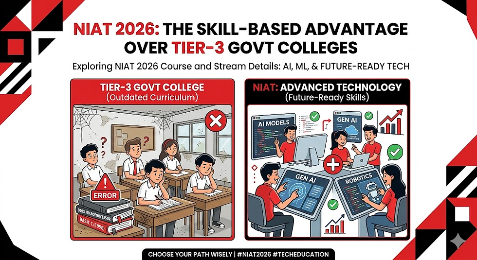 Comparative illustration: outdated tier-3 college with confused students vs. NIAT tech class with engaged students working on AI, ML.