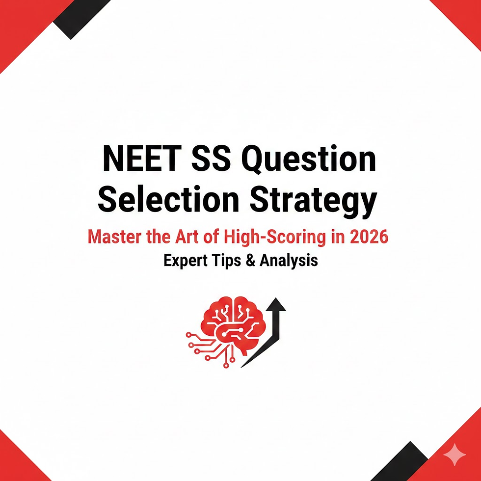 Text reading "NEET SS Question Selection Strategy," with a red brain and arrow graphic on a white background with red corners.