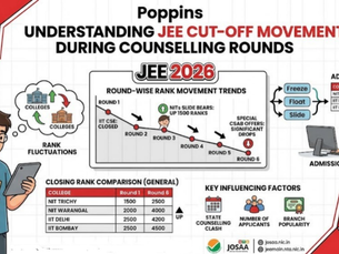 Infographic on JEE 2026 cut-off movements during counseling. Includes rank trends, factors, and admission status with students and charts.