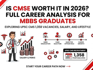 MBBS graduate, infographic on CMSE 2026 career, UPSC CMS 1,358 vacancies. Charts show salary, growth, red accents, and career steps.