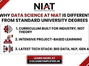NIAT ad promotes data science program with industry-focused curriculum, project learning, and tech stack. Red, black, white theme.