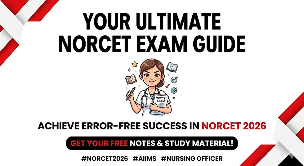 Cartoon nurse holding a NORCET Exam book. Text: "Your Ultimate NORCET Exam Guide." Red accents, motivational theme.