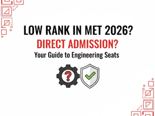 Low Rank in MET 2026? Direct Admission? Text with gear, question mark, shield, check mark; red geometric corners on white.
