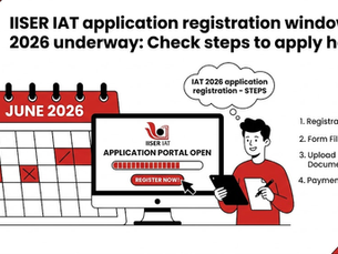 IISER IAT 2026 registration steps shown with red calendar and May date. Person with tablet points to "Register Now" on screen.