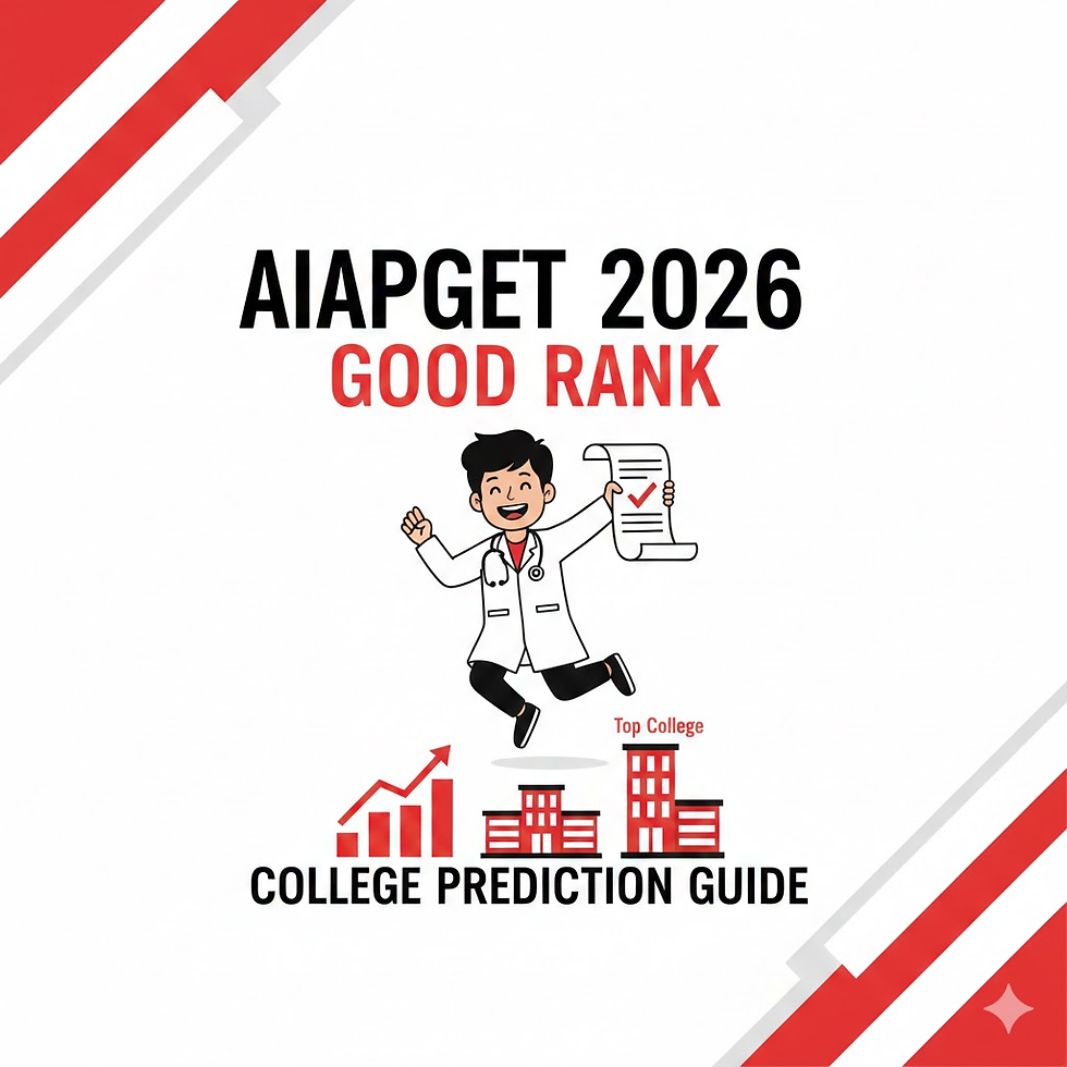 Doctor character jumps joyfully holding a rank paper. Text reads: "AIAPGET 2026 GOOD RANK, COLLEGE PREDICTION GUIDE." Red accents.