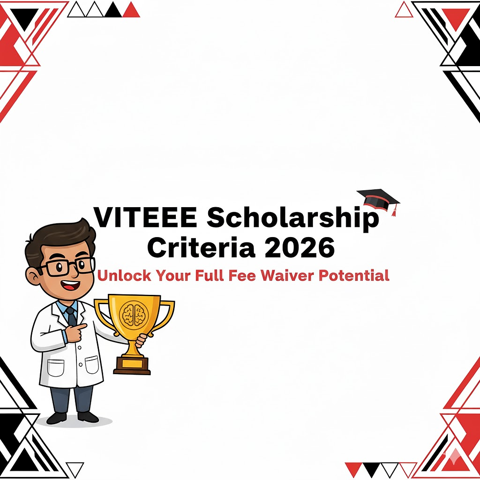 Cartoon person in a lab coat holds a trophy. Text: VITEEE Scholarship Criteria 2026, Unlock Your Full Fee Waiver Potential. Red and black designs.