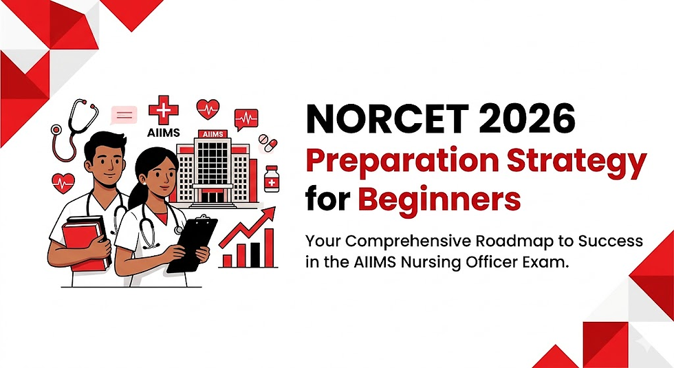 Two nurses with medical icons and an AIIMS building illustration. Text: NORCET 2026 Preparation Strategy for Beginners. Red accents.