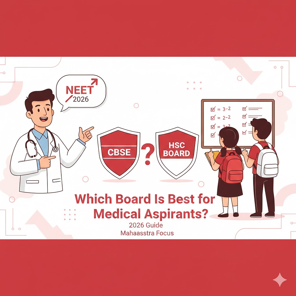 Illustration of a doctor, two students with backpacks, and educational shields for CBSE and HSC. Text asks, "Which Board Is Best for Medical Aspirants?"