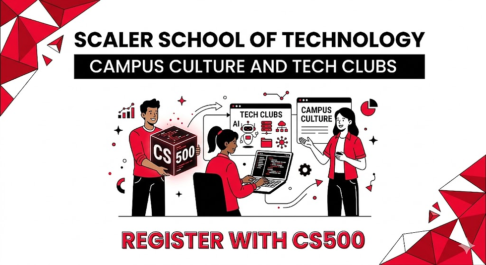 People engaging with tech and campus culture themes, red and black design. Text: Scaler School of Technology. Register with CS500.