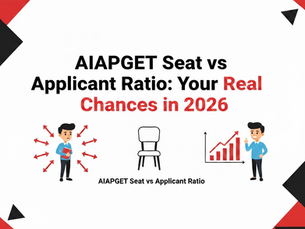 Text reads "AIAPGET Seat vs Applicant Ratio: Your Real Chances in 2026" in black and red. Shows a worried man, an empty chair, a chart, and a happy man.