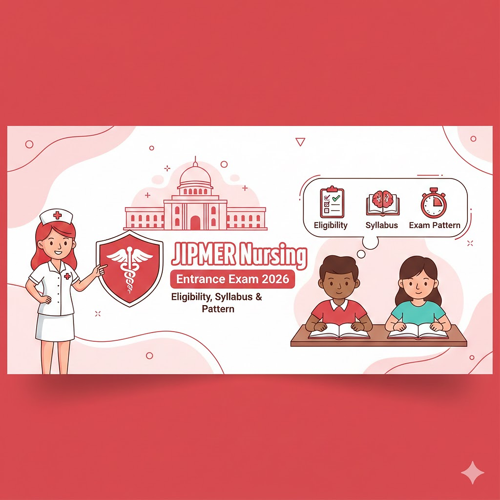 Nurse with shield, students studying. Text: JIPMER Nursing Entrance Exam 2026, Eligibility, Syllabus & Pattern. Pink background.