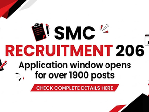 SMC Recruitment 206 banner in red, black, white. Text: "Application window opens for over 1900 posts. Check complete details here."