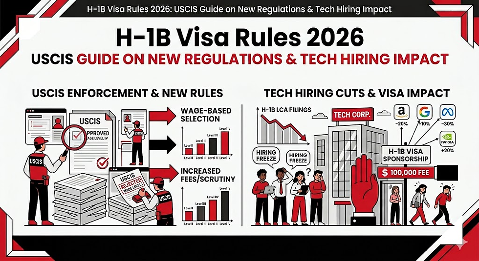 H-1B Visa Rules 2026 guide. Left: USCIS enforcement, new rules, increased fees. Right: Tech hiring cuts, H-1B impact, fee increase to $100,000.