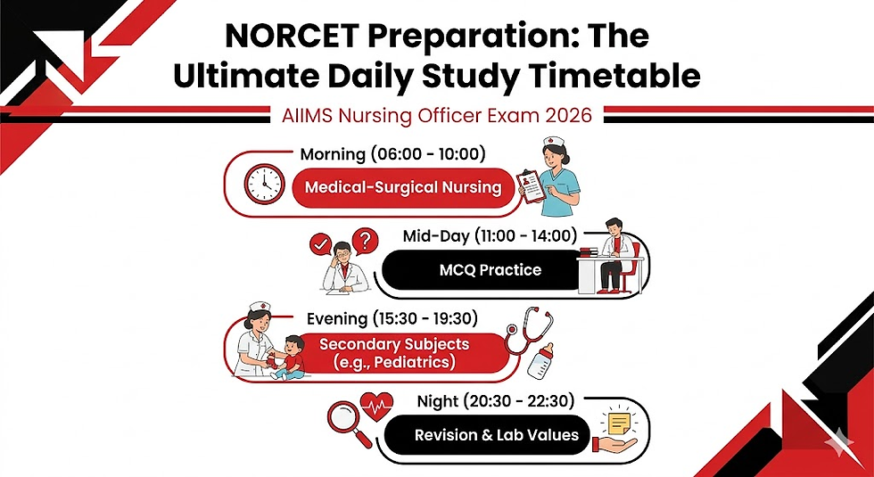 Nursing study schedule with illustrations: Morning, Medical-Surgical Nursing; Mid-Day, MCQ Practice; Evening, Pediatrics; Night, Revision.