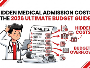 A worried doctor holds a bill with medical costs. Text: Hidden Medical Admission Costs: The 2026 Ultimate Budget Guide. Red and white theme.