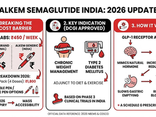 Alkem Semaglutide India 2026 update infographic: cost, DCGI approval for weight management, diabetes treatment, and drug mechanism.