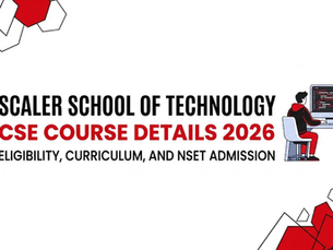 Scaler School of Technology ad. CSE Course Details 2026. Text: Eligibility, Curriculum, and NSET Admission. Red and white abstract design.