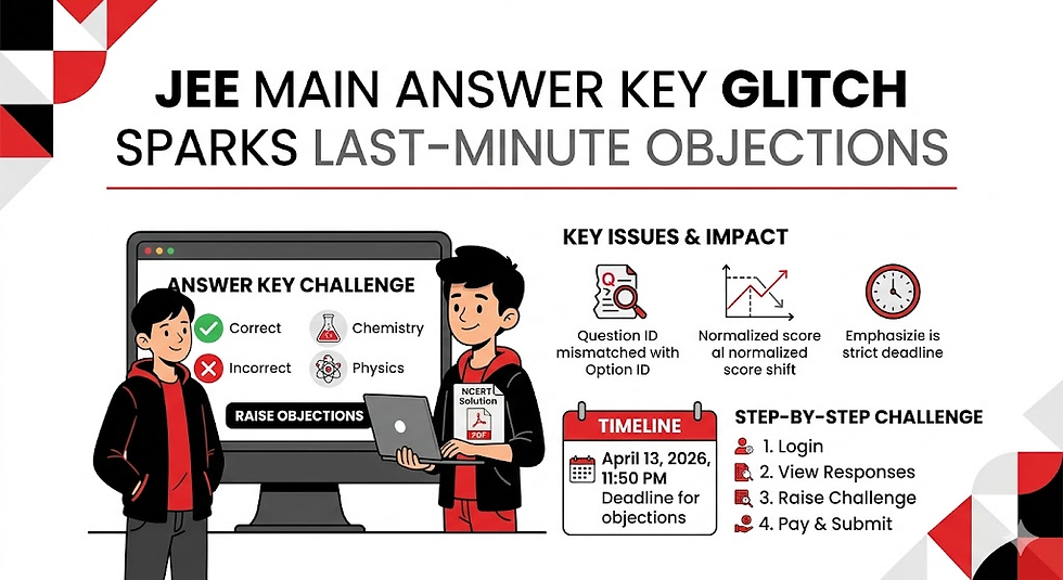 Two illustrated people with a laptop discuss JEE Main answer key issues. Text highlights deadline, steps, and key issues. Red, black, and white theme.