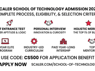 Scaler School of Technology admission 2026 details with icons for entrance test, interview, merit list; apply with code CS500 at the given link.