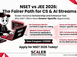 Cartoon character on a laptop with NSET vs JEE 2026 info, red and black theme. Highlights scholarship, CS focus, and coupon CS500.